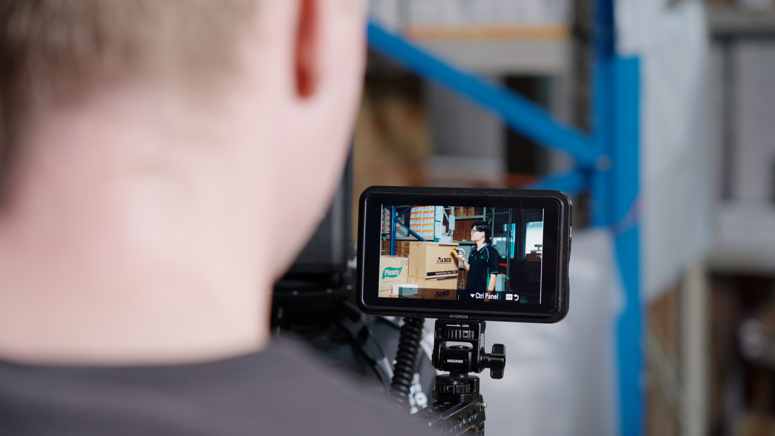 Camera monitor during an Alsco Uniforms Singapore factory video shoot