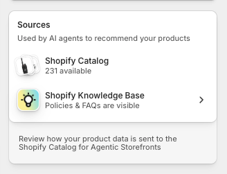 Shopify Agentic Storefront dashboard showing AI agent product queries and conversion metrics