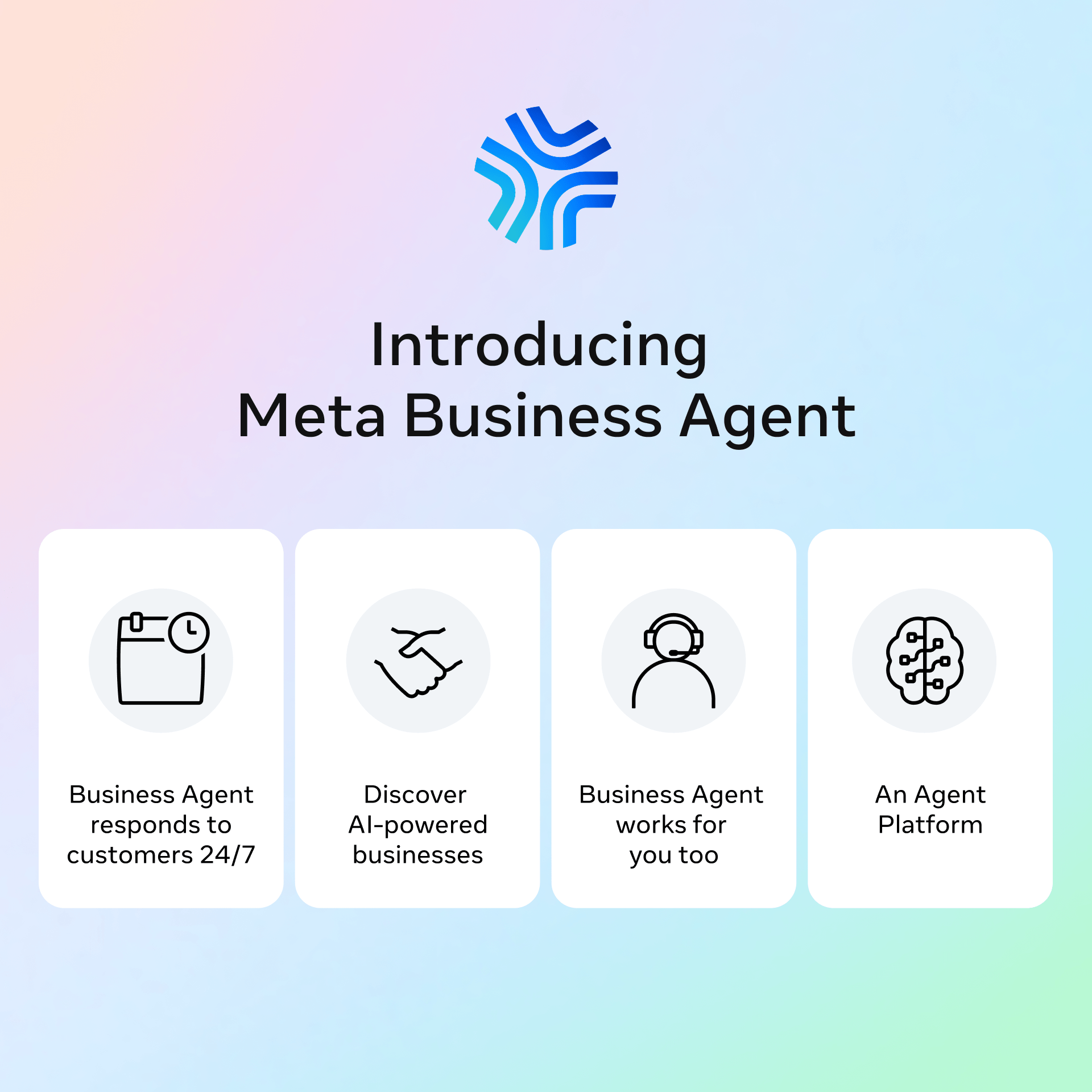 Three AI agent conversations showing Meta Business Agent responding to customers in real time on WhatsApp
