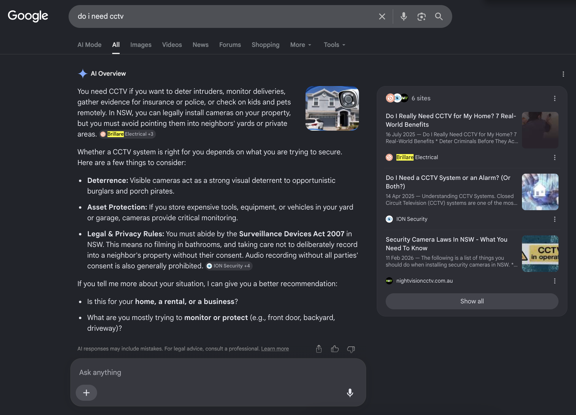 Google AI Overview for WA smoke alarm compliance Perth showing Brillare Electrical content among cited sources