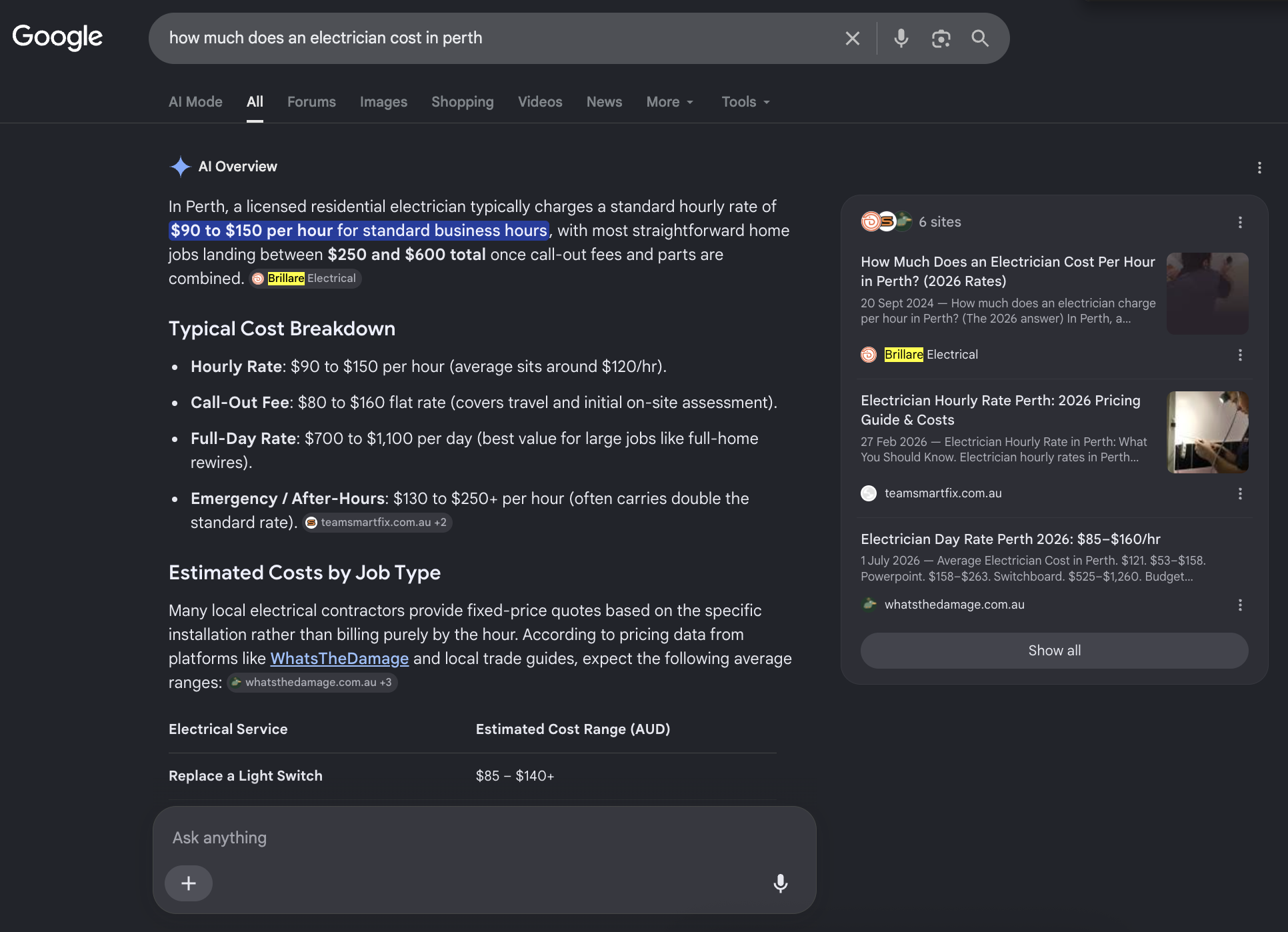 Google AI Overview for what to look for in an electrician in Perth showing Brillare Electrical as a cited source