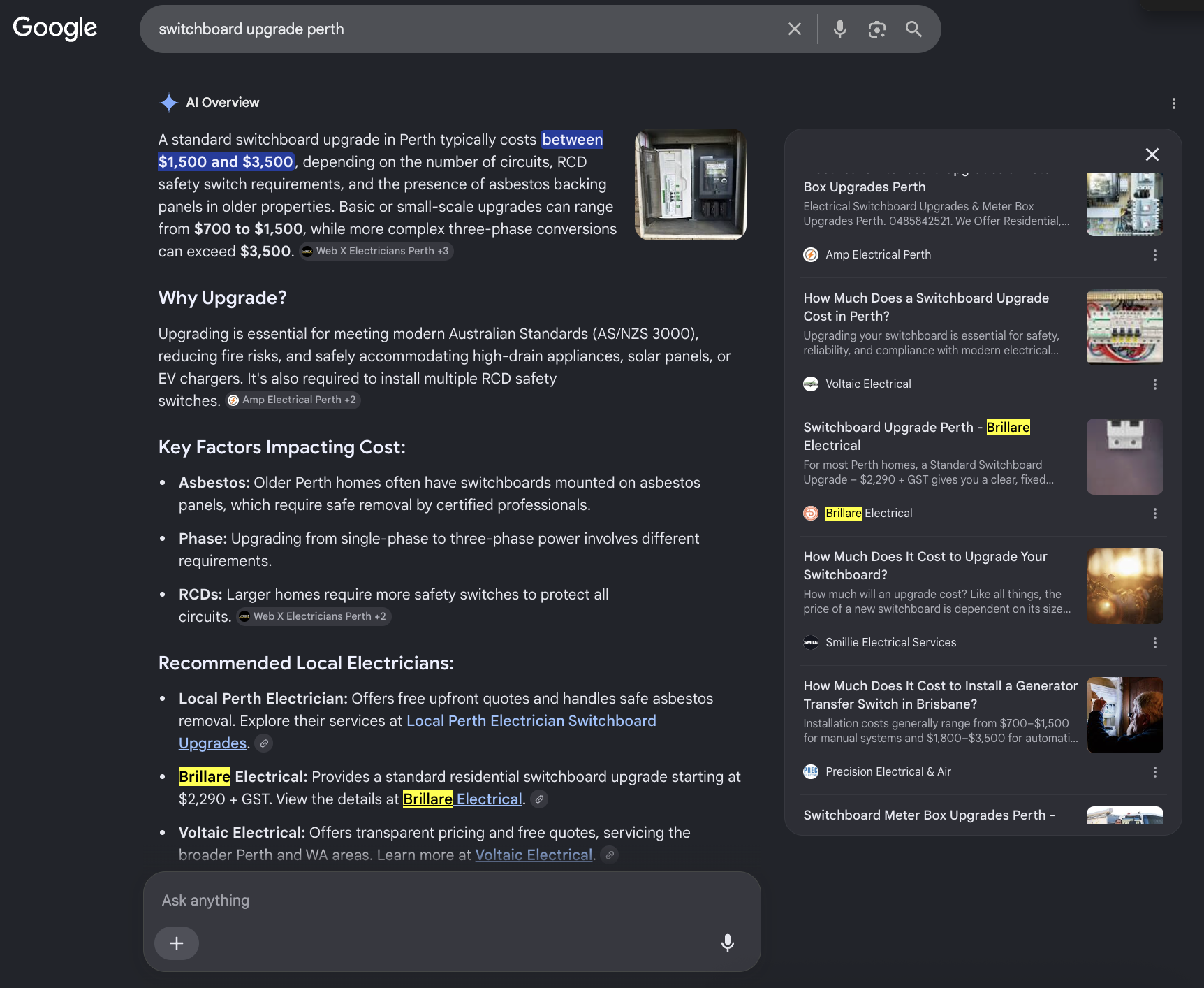 Google AI Overview for switchboard upgrade Perth showing Brillare Electrical in the generated search result