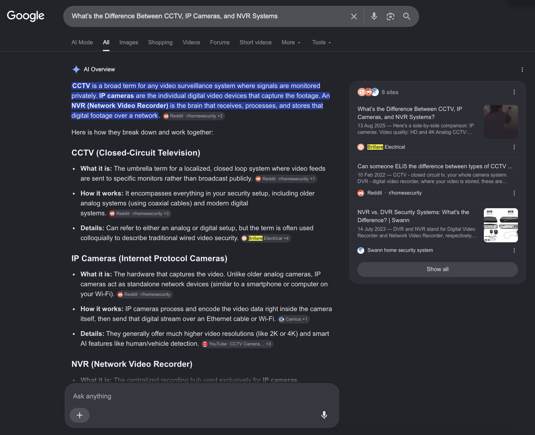 Google AI Overview comparing CCTV IP cameras and NVR systems with Brillare Electrical cited as a supporting source