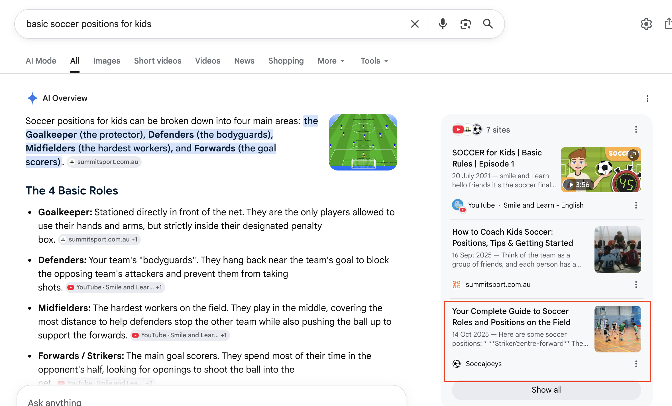 Google AI Overview citing SoccaJoeys for basic soccer positions for kids