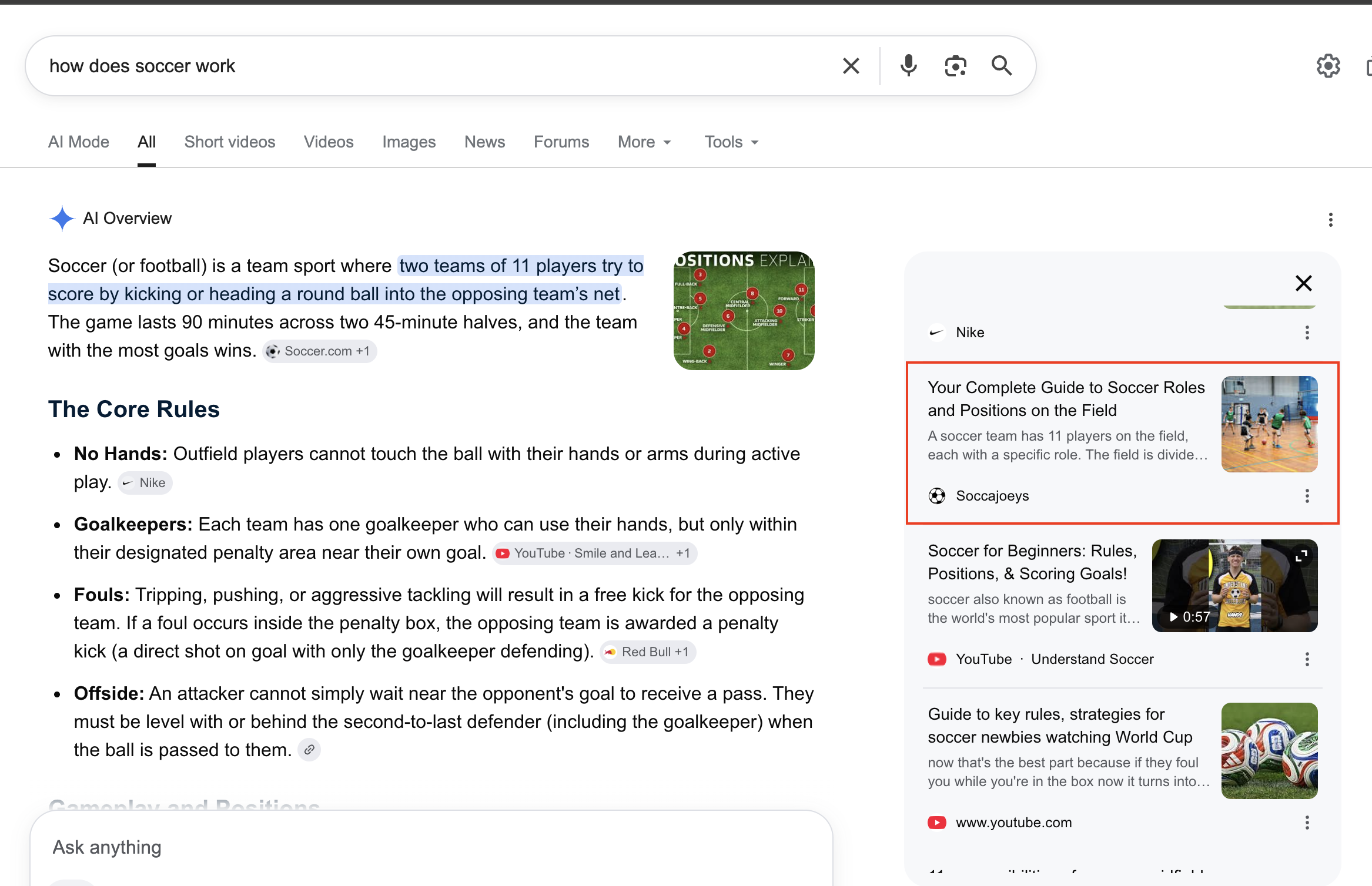 Google AI Overview recommending SoccaJoeys guide explaining how soccer works