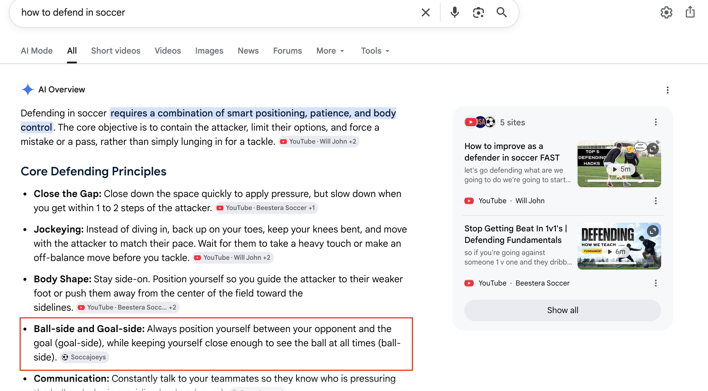 Google AI Overview citing SoccaJoeys for how to defend in soccer