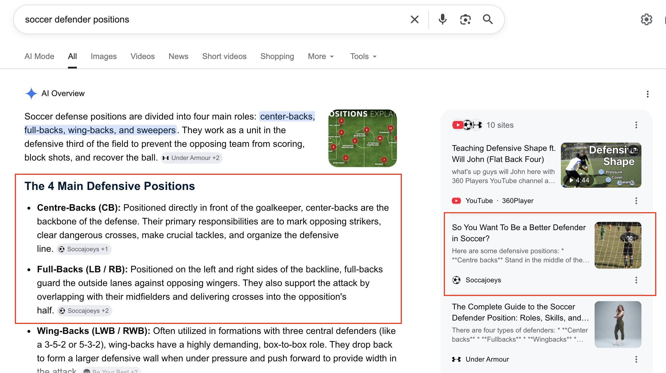 Google AI Overview recommending SoccaJoeys soccer defender positions guide