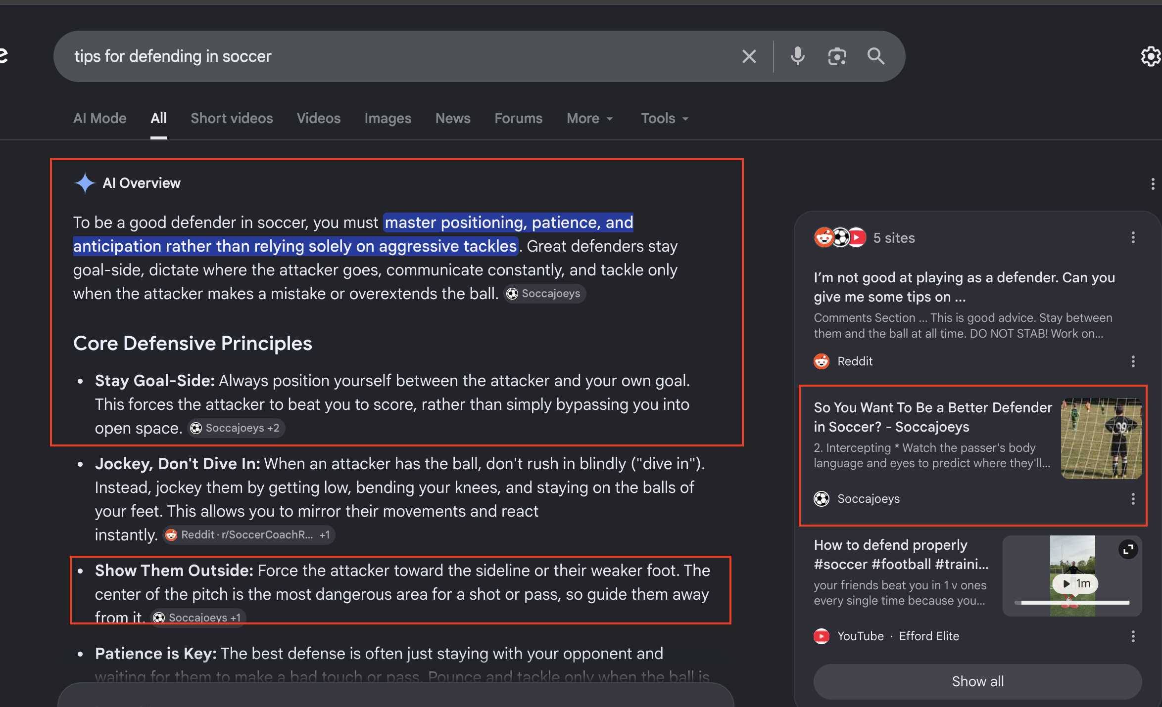 Google AI Overview featuring SoccaJoeys tips for defending in soccer