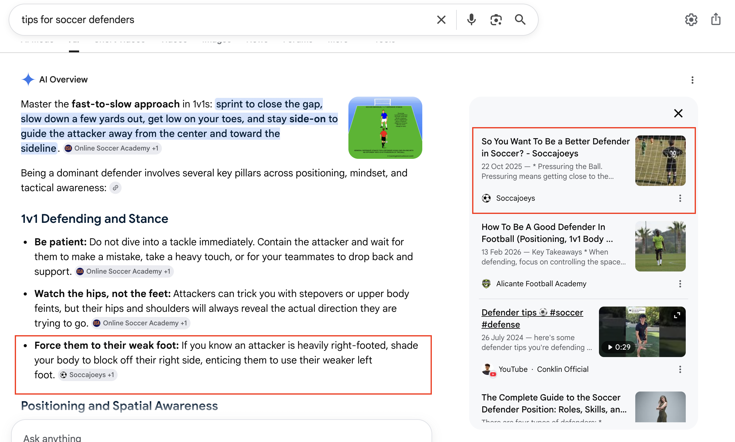 Google AI Overview citing SoccaJoeys tips for soccer defenders
