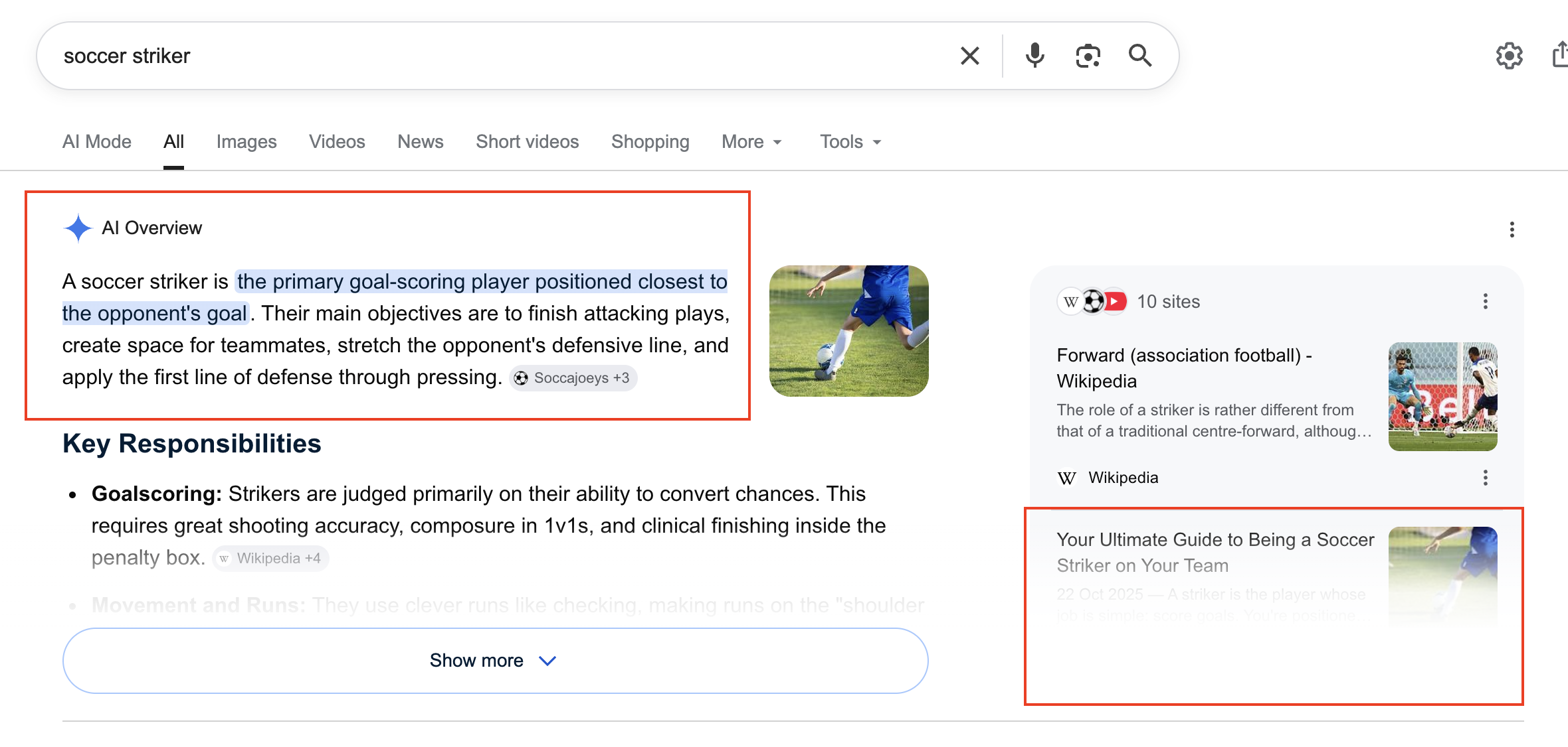 Google AI Overview recommending SoccaJoeys guide to the soccer striker position