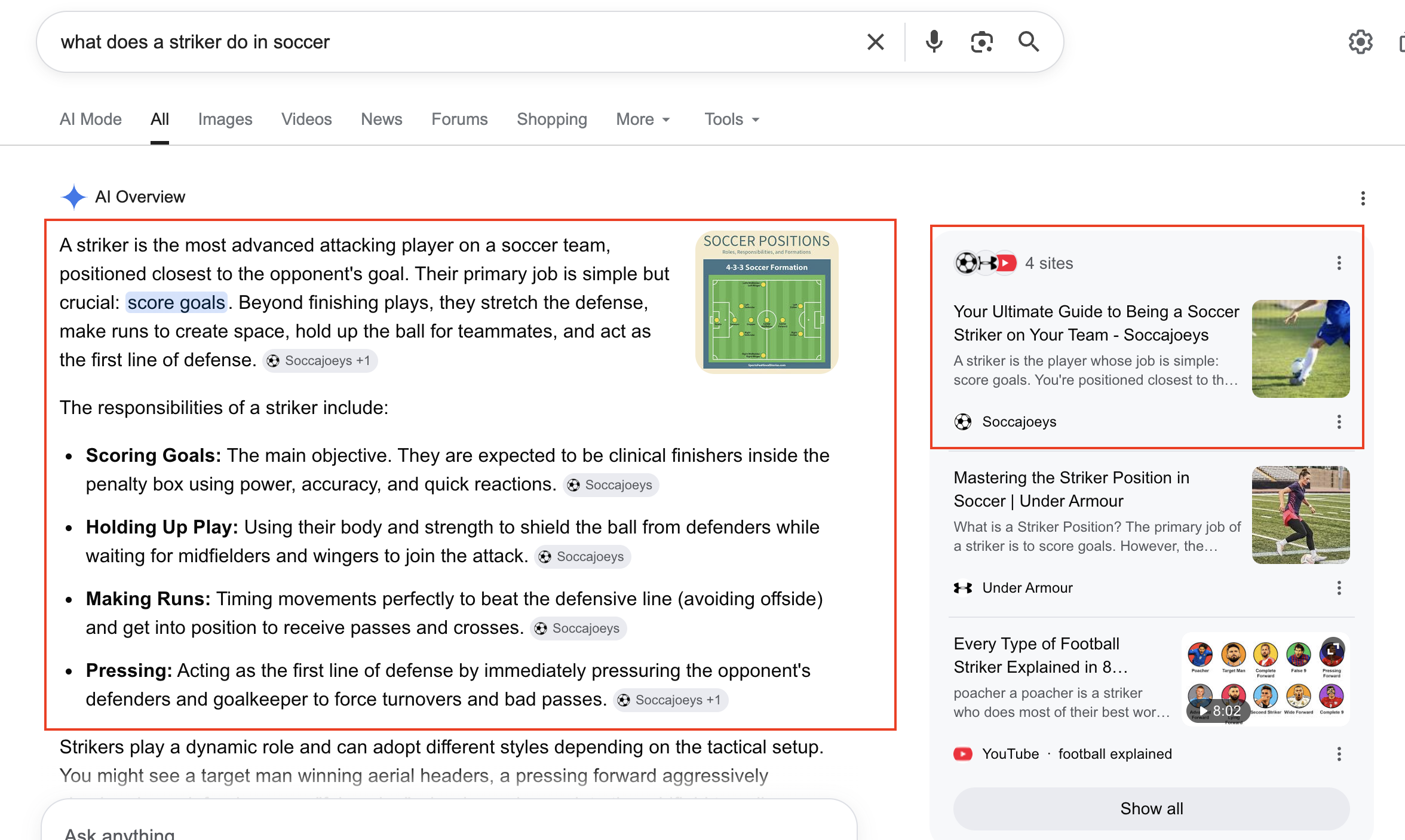Google AI Overview citing SoccaJoeys for what a striker does in soccer