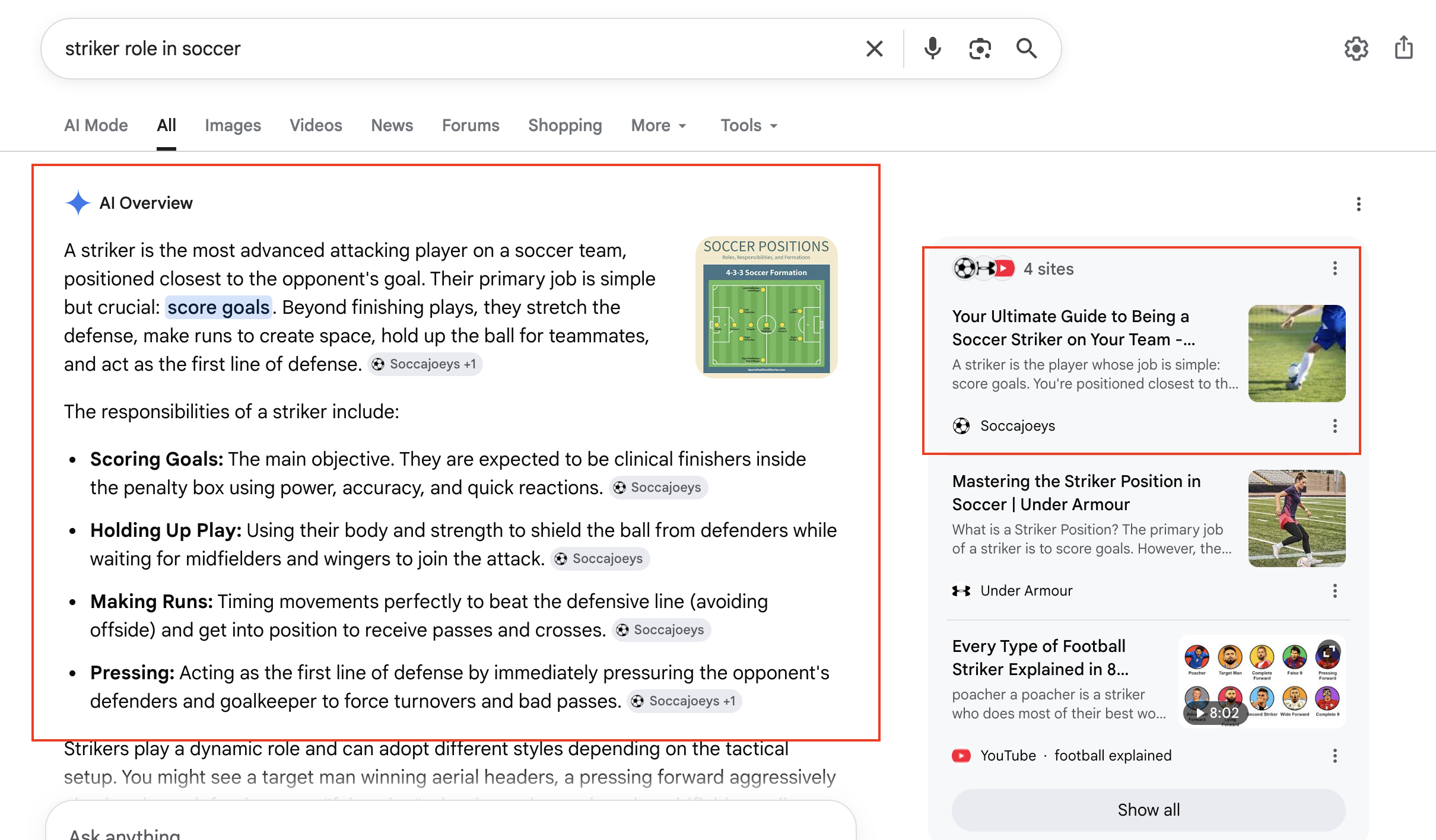 Google AI Overview recommending SoccaJoeys striker role guide