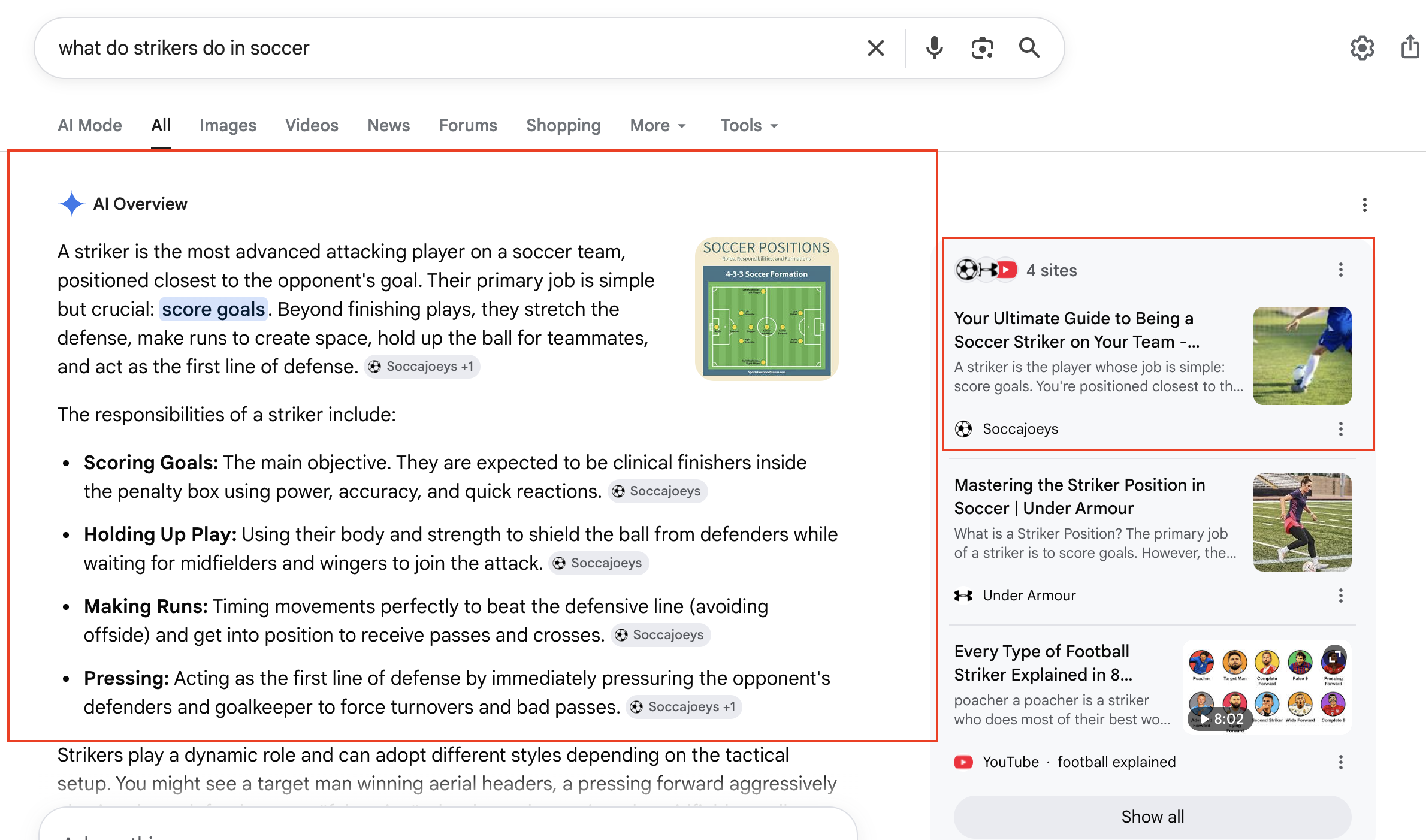 Google AI Overview citing SoccaJoeys for what strikers do in soccer