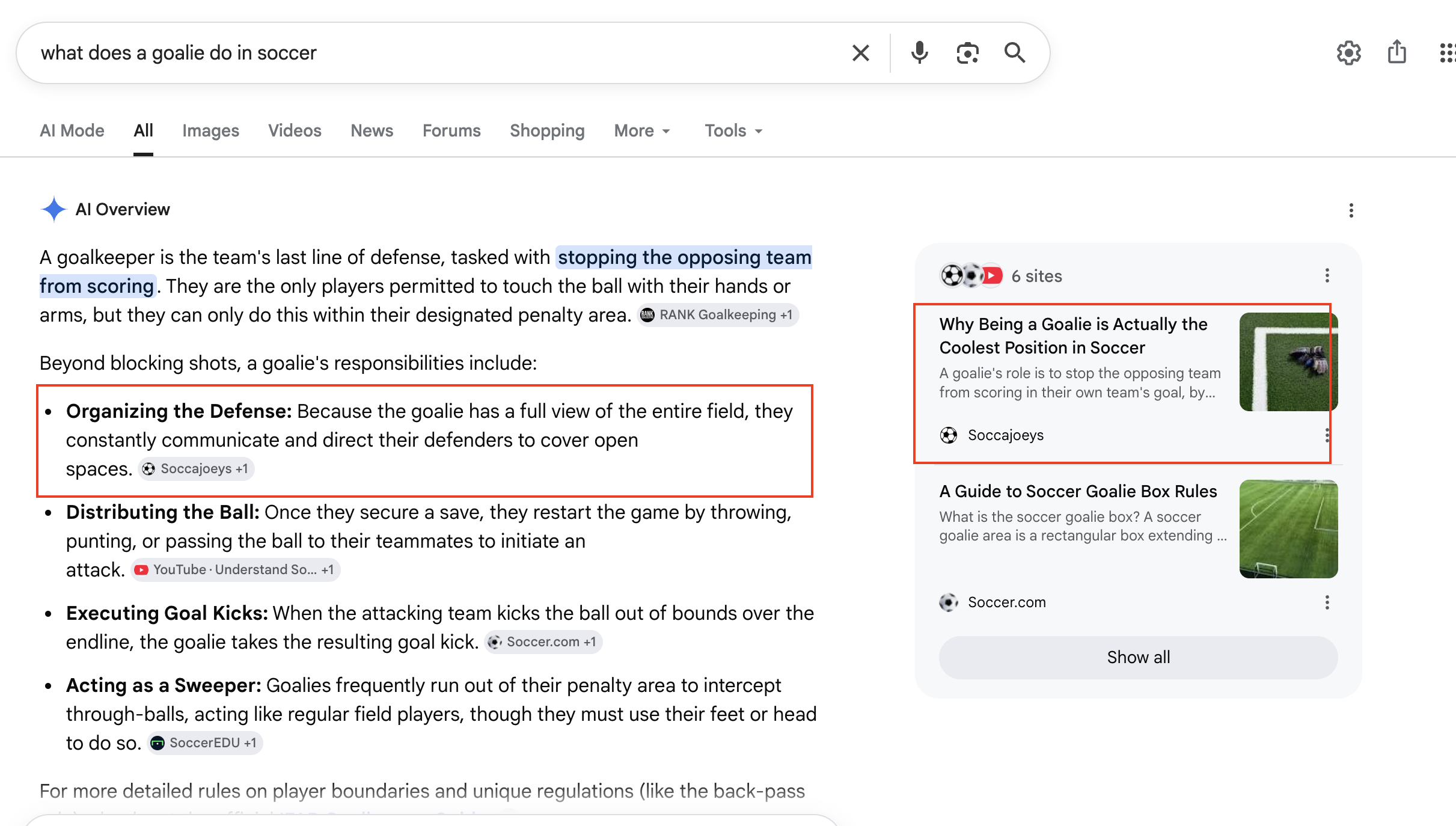 Google AI Overview recommending SoccaJoeys article about what a goalie does