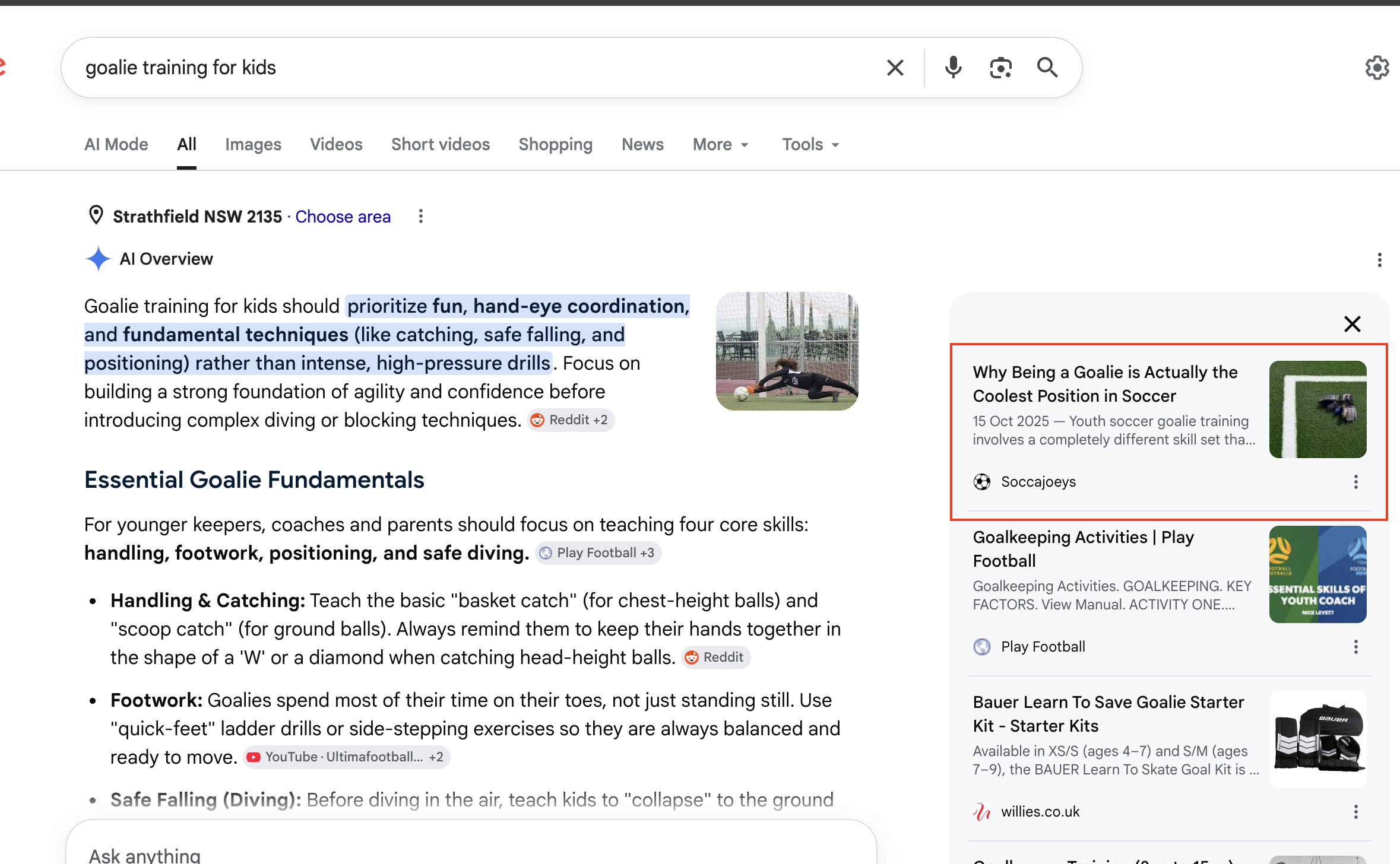 Google AI Overview featuring SoccaJoeys goalie training for kids