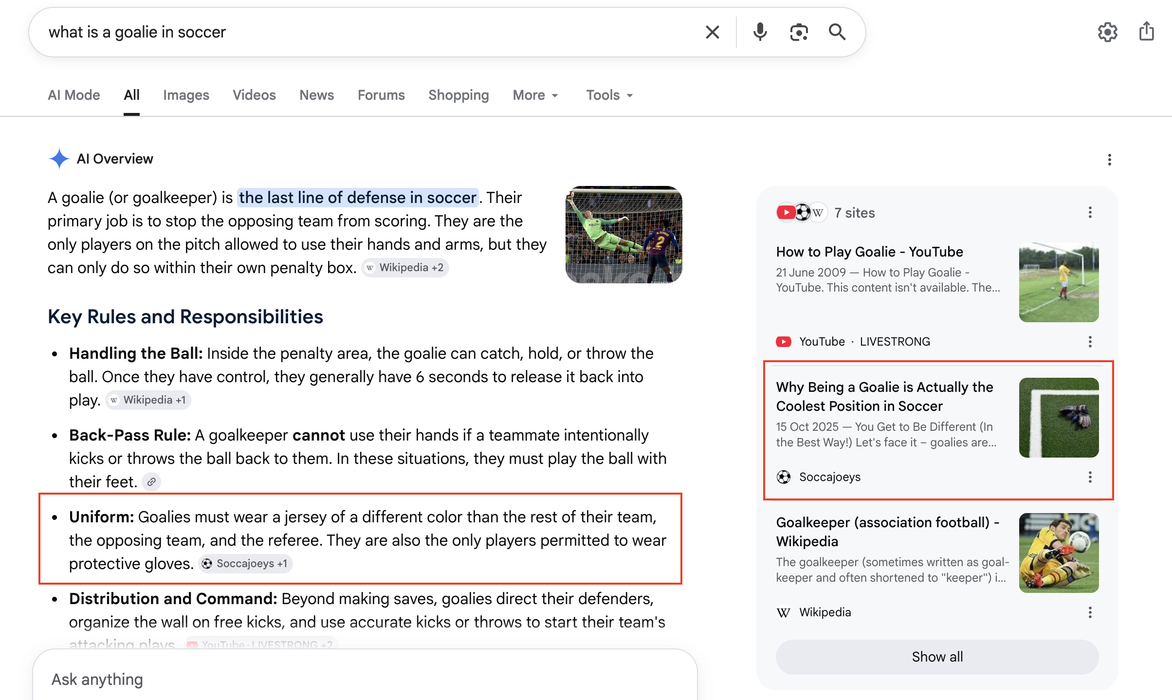 Google AI Overview recommending SoccaJoeys guide explaining what a goalie is