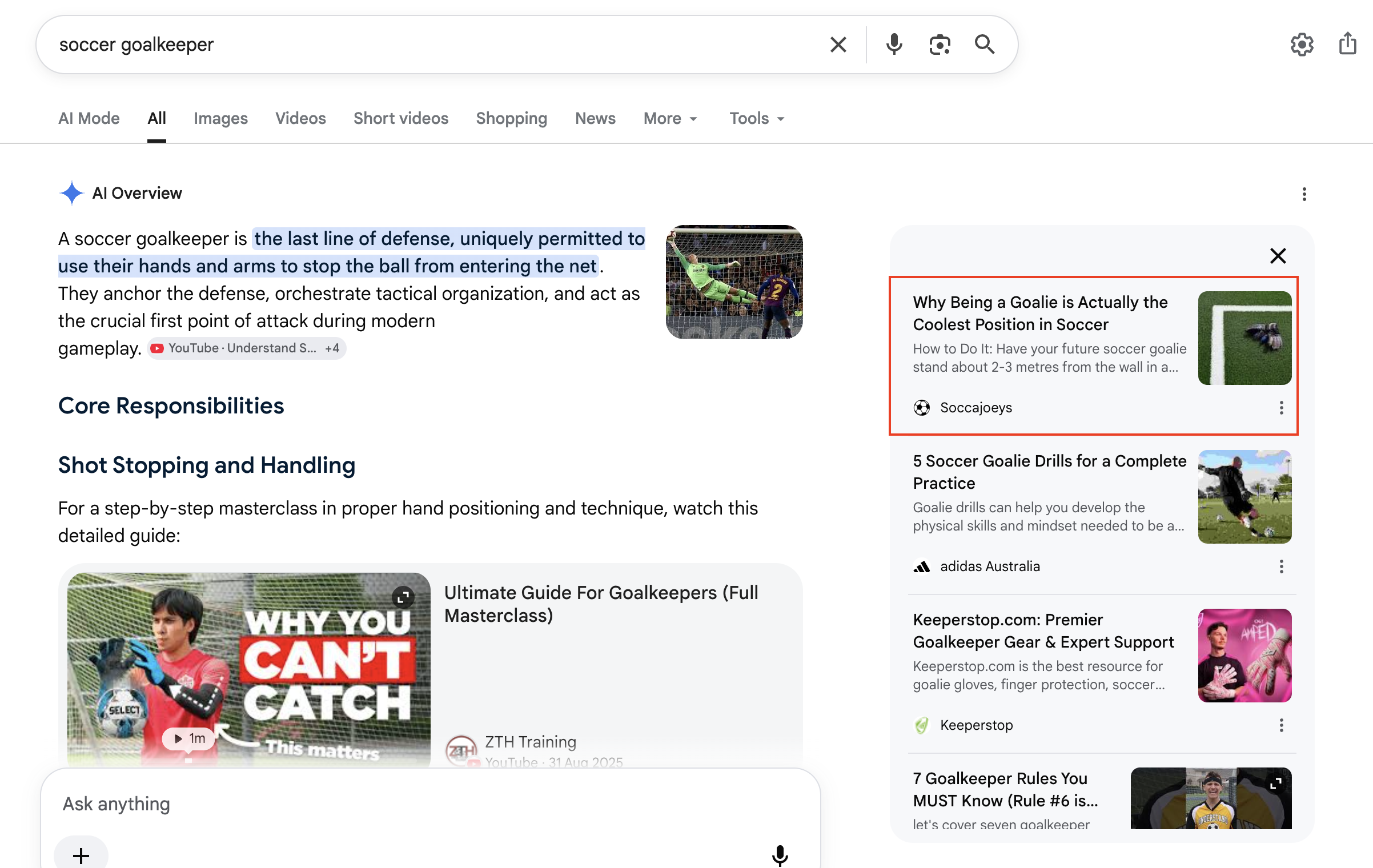 Google AI Overview recommending SoccaJoeys soccer goalkeeper guide