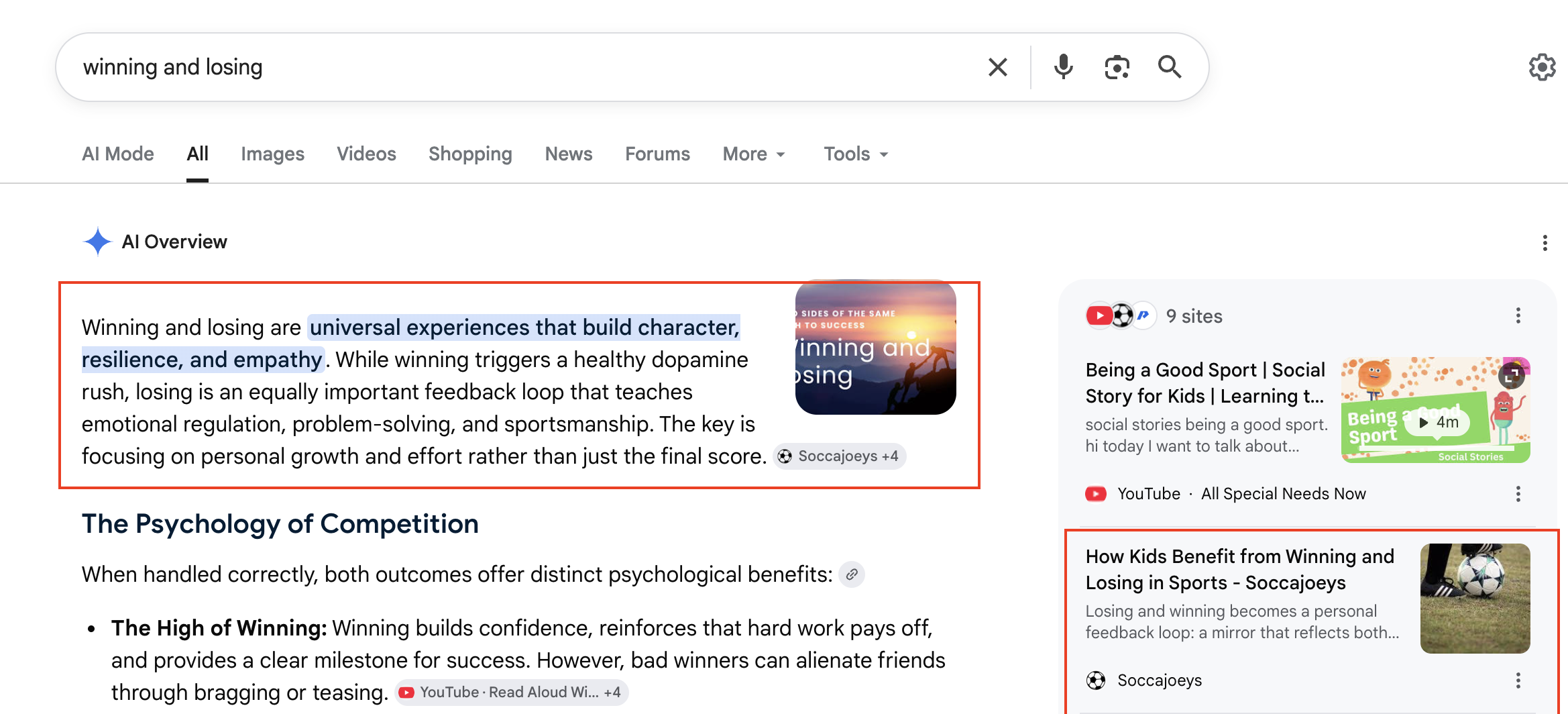 Google AI Overview citing SoccaJoeys article about winning and losing in sport