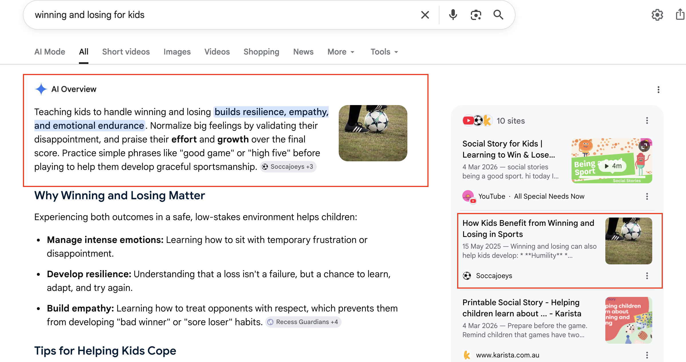 Google AI Overview recommending SoccaJoeys guide to winning and losing for kids