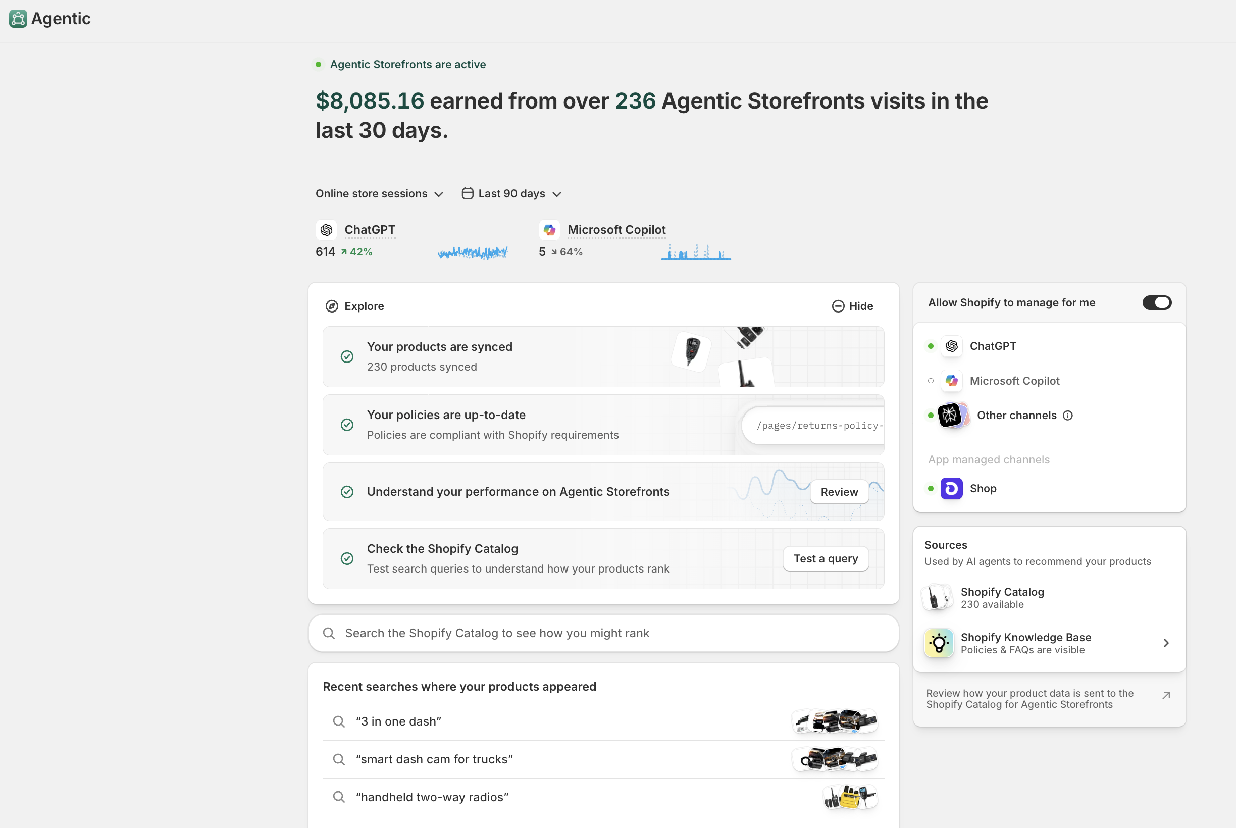 Uniden Australia Agentic Storefront analytics showing 236 visits and 8085 dollars and 16 cents in sales