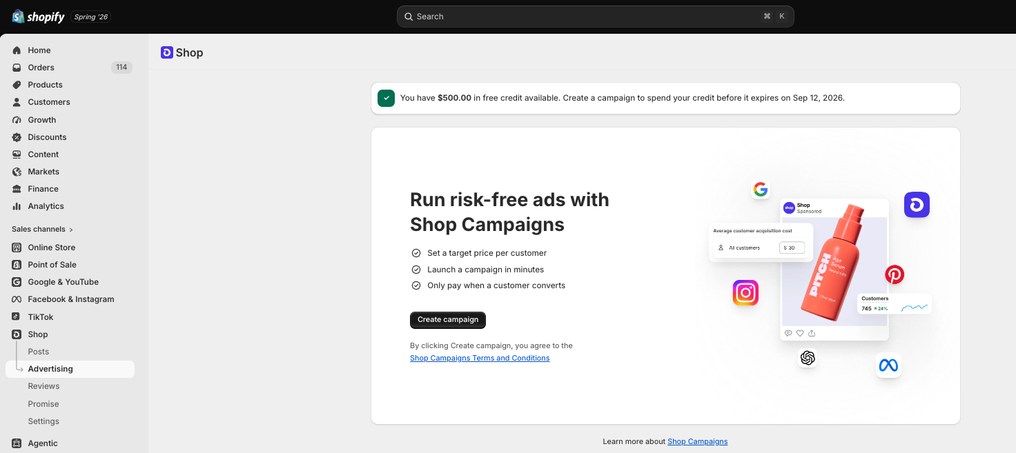 Shopify Shop Campaigns dashboard in Shopify Spring 26 showing AI-powered advertising tools for Australian ecommerce merchants