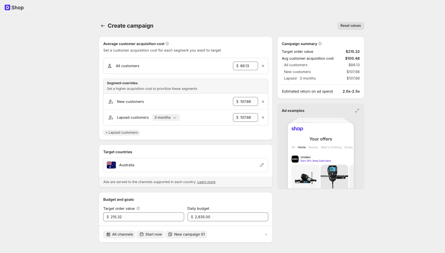 Shopify Shop Campaigns customer segmentation and budget settings for new, existing and lapsed customers in Australia