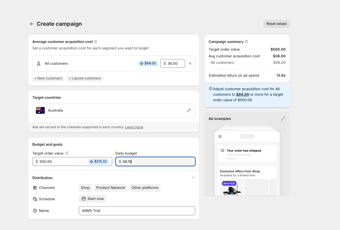Shopify Shop Campaigns setup screen showing customer acquisition cost, target order value, daily budget and estimated return on ad spend