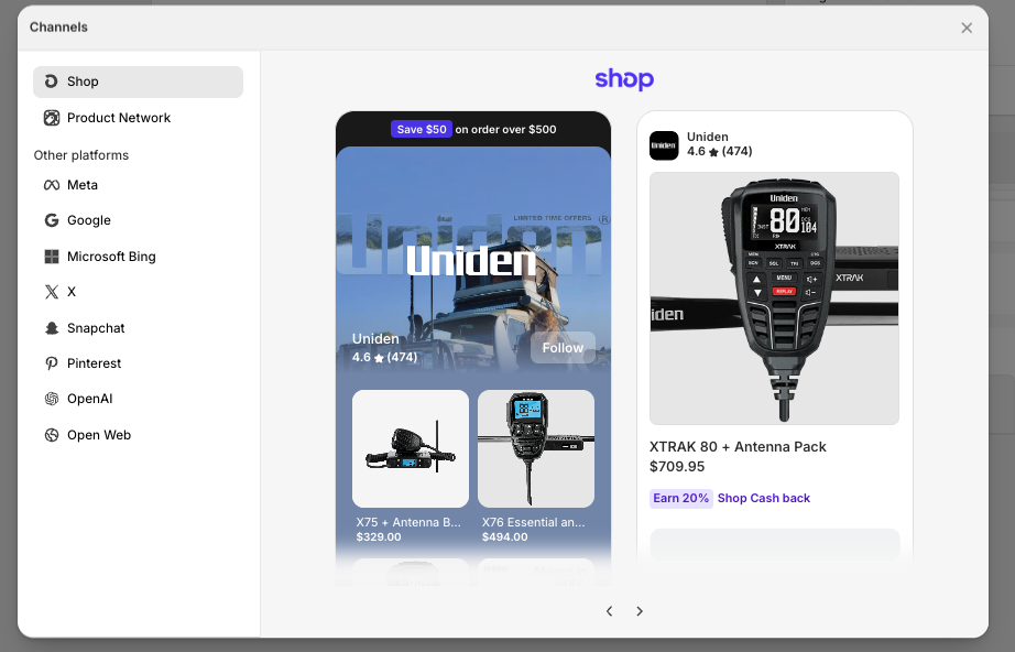 Shopify Shop app advertising preview showing Uniden products, sponsored placements and Shop Cash rewards