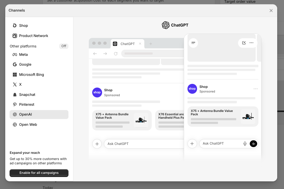 Shopify Shop Campaigns distribution channels showing OpenAI and a ChatGPT sponsored product preview inside Shopify Admin