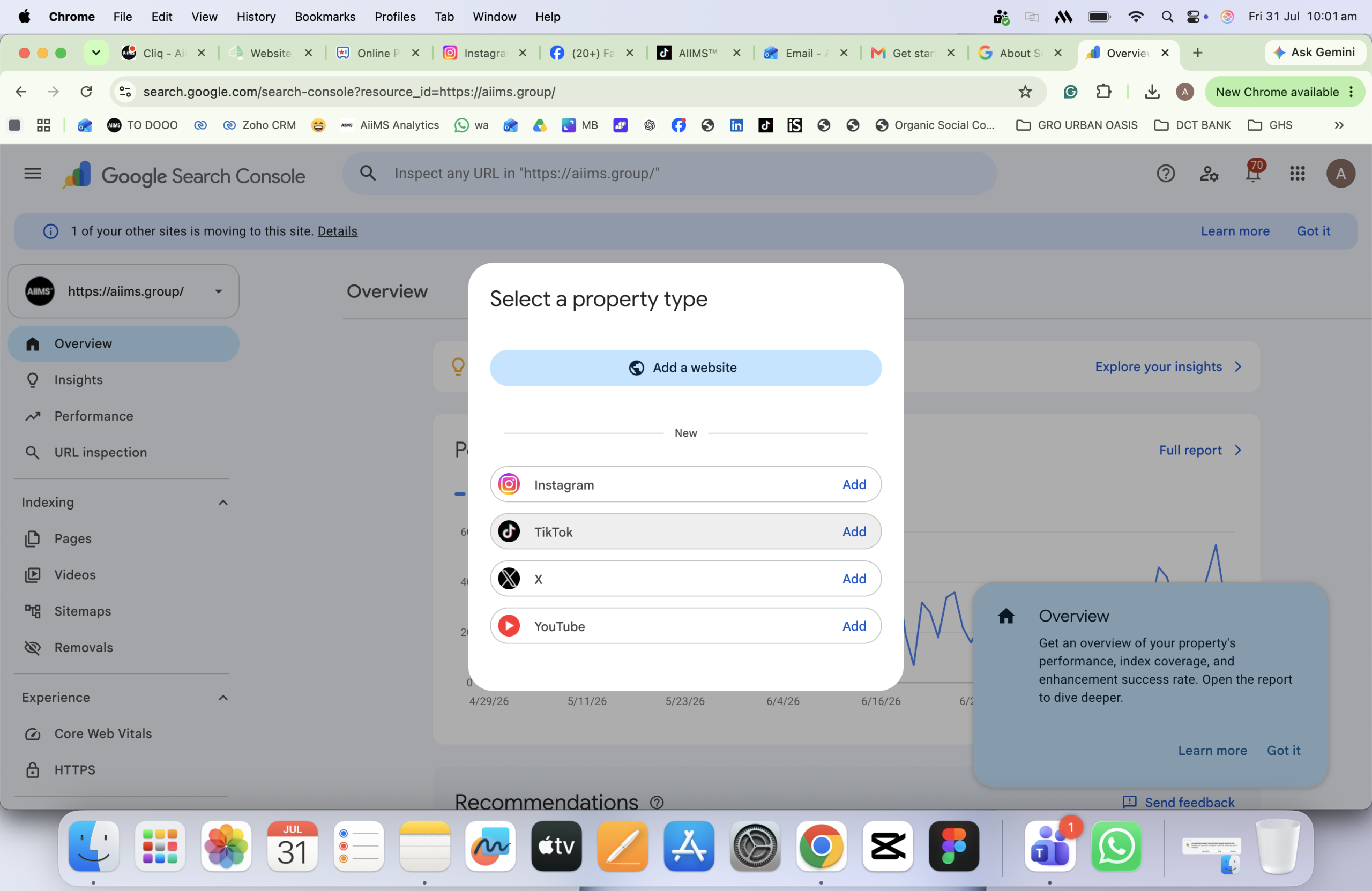 Social platform authentication screen used to connect an account to Search Console