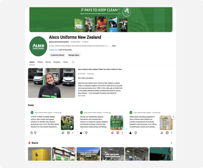 Redesigned Alsco Uniforms New Zealand YouTube channel homepage