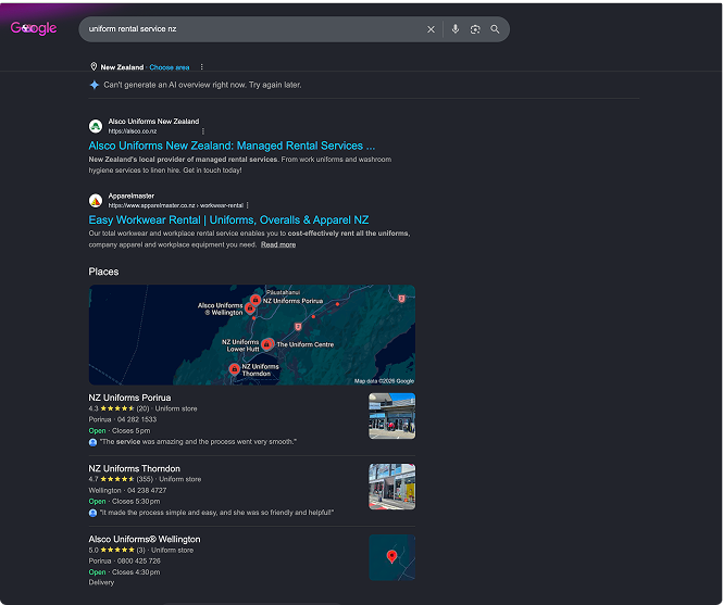 Alsco New Zealand ranking prominently in Google search and local map results