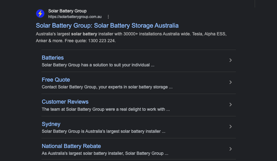 Solar Battery Group organic Google search listing managed through SEO