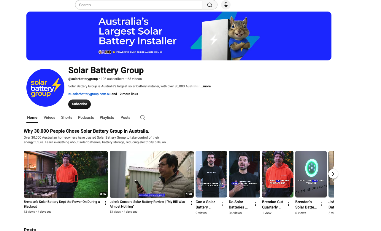 Custom Solar Battery Group YouTube home page created and managed by AIIMS