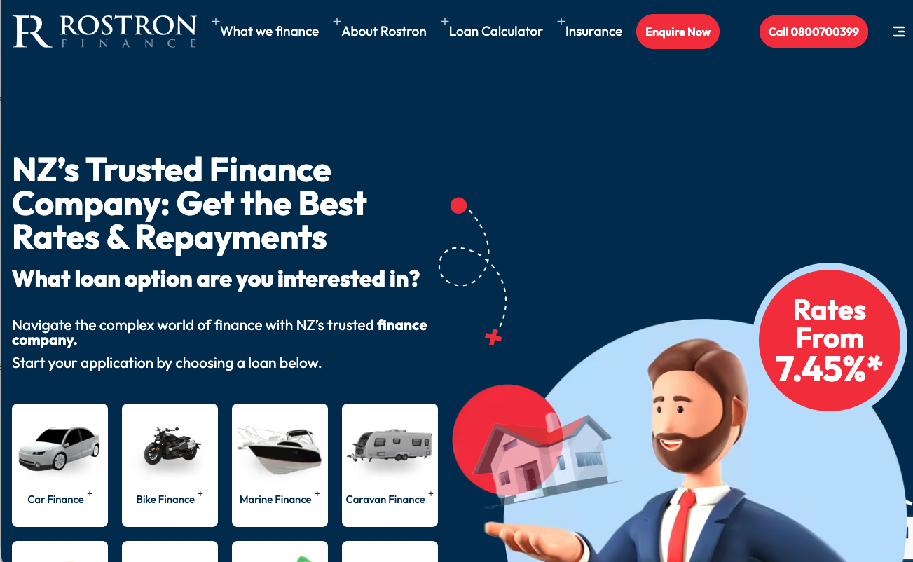 Rostron Finance NZ homepage and navigation designed by AIIMS