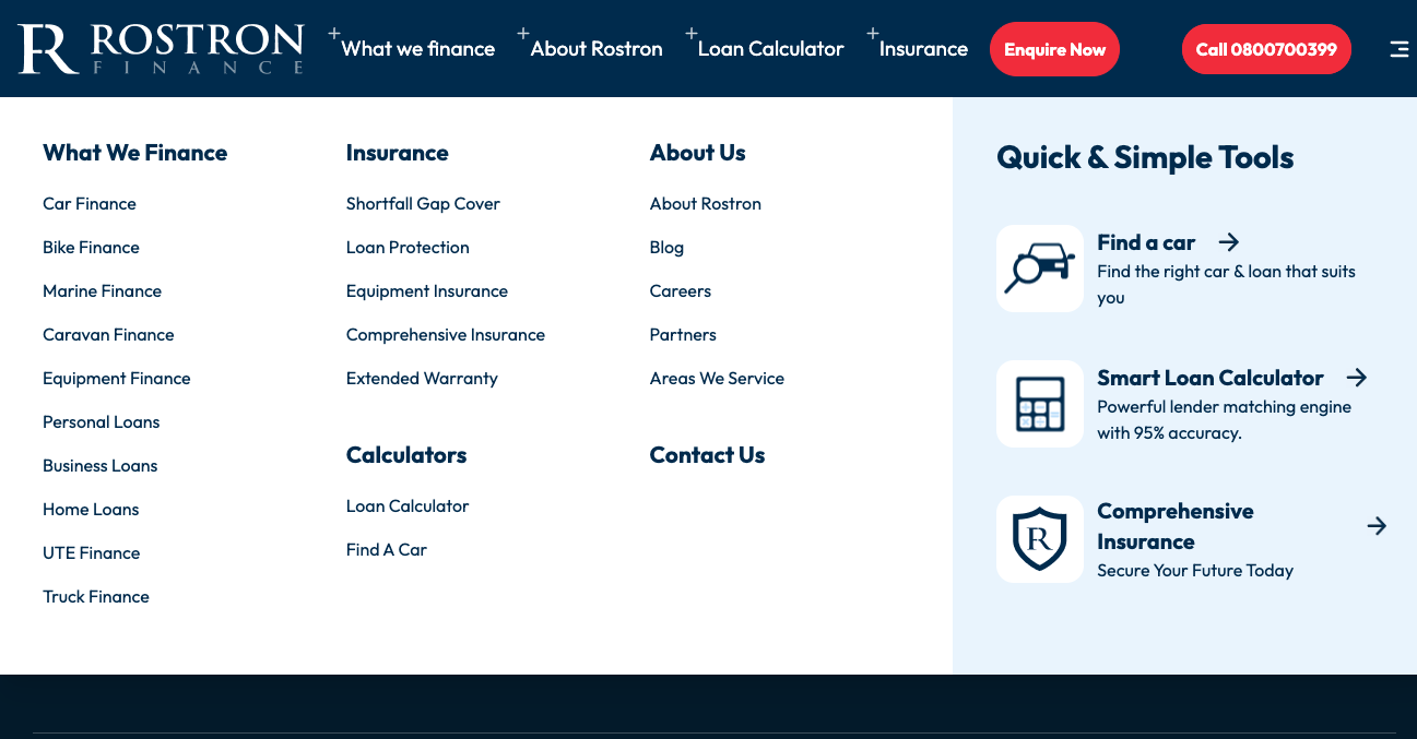 Rostron Finance NZ mega menu