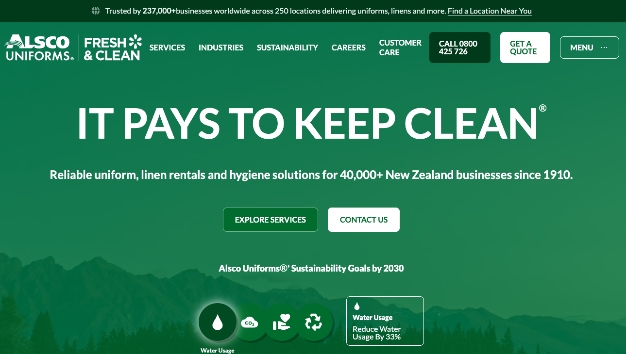 Alsco New Zealand website homepage designed for immediate service clarity