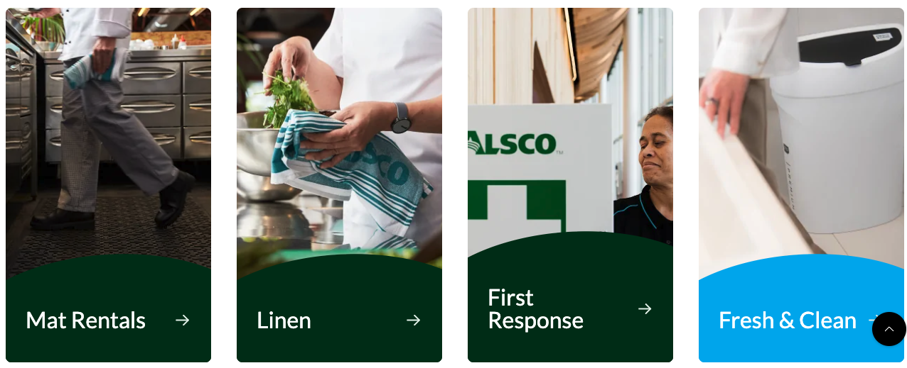Alsco New Zealand multi-service website cards for mats, linen, first response and washroom hygiene