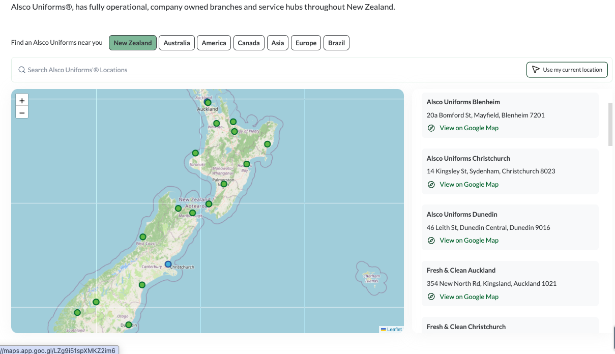 Interactive Alsco New Zealand national service location map