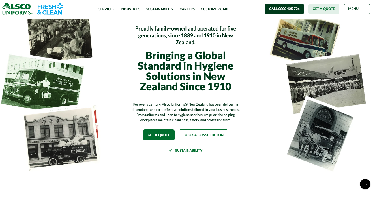Alsco New Zealand heritage website section showing its global and local history