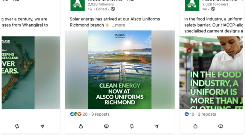 Examples of Alsco New Zealand social posts across sustainability, community and services