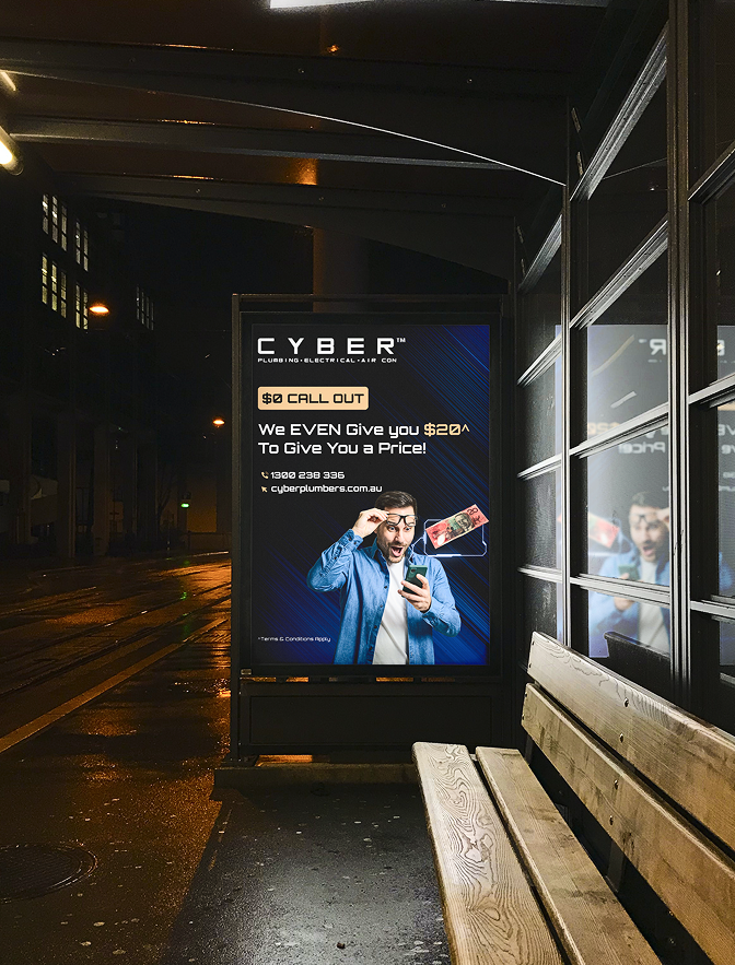 Illuminated digital bus shelter advertising creative shown at night