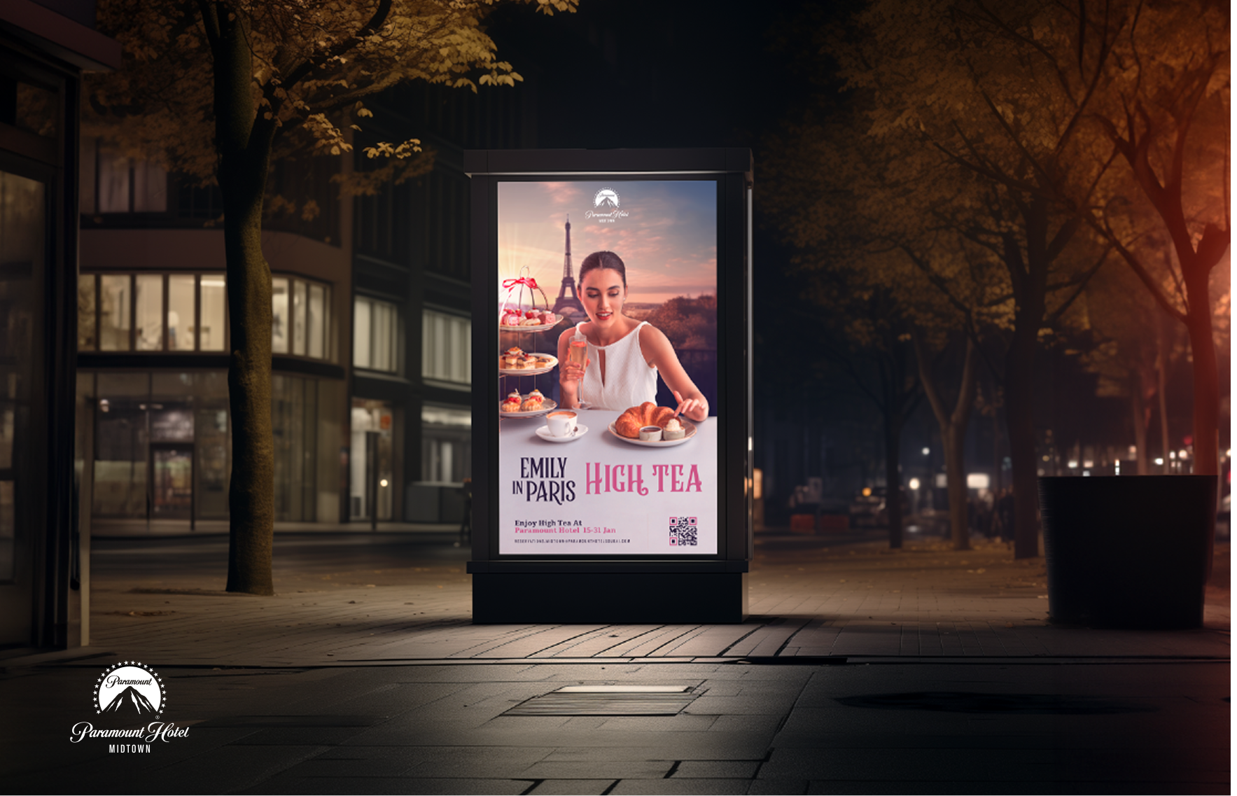 Emily in Paris high-tea poster shown in an illuminated outdoor display mockup