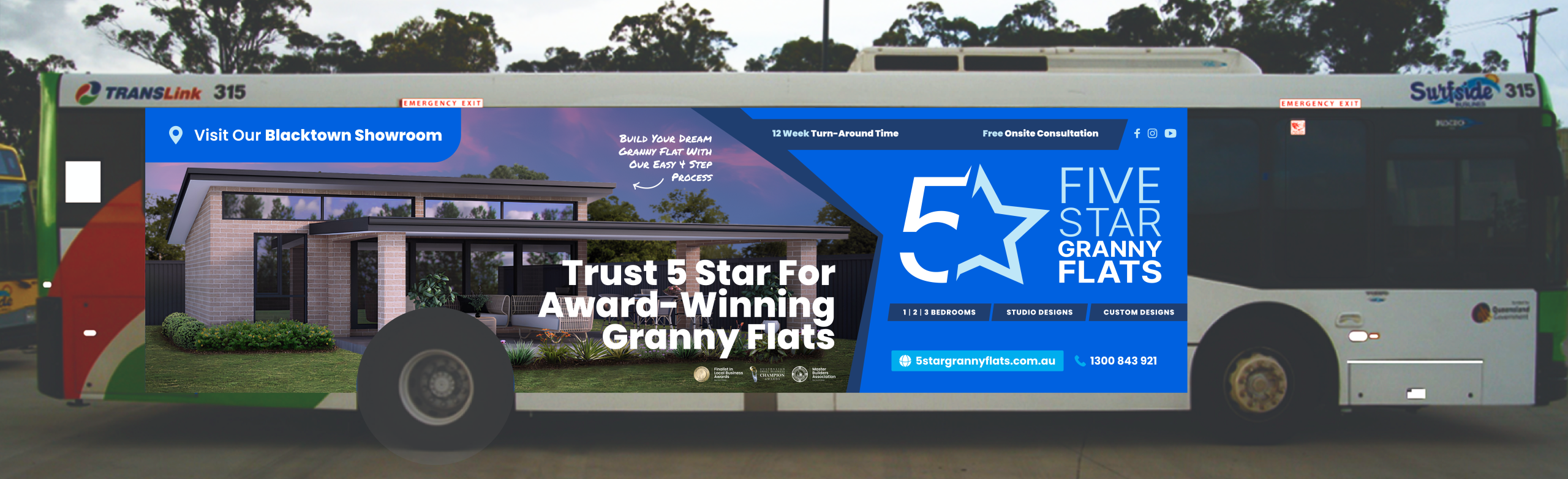 5 Star bus advertising campaign creative in an Australian street setting