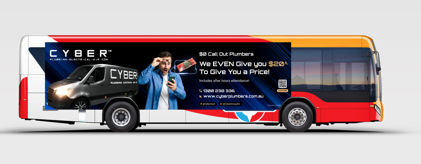 Full side-view presentation of a branded bus advertising campaign