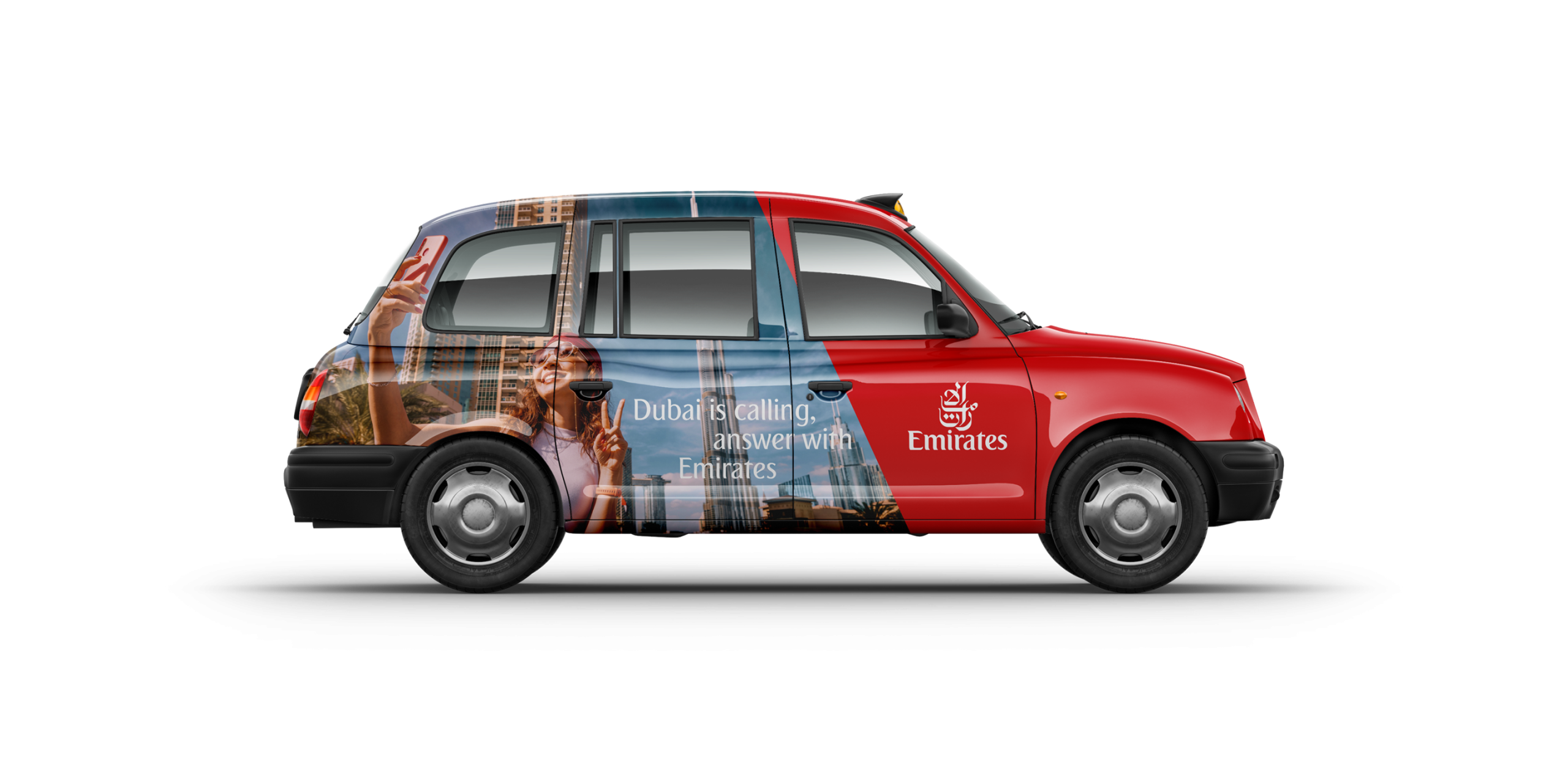Emirates / London taxi creative shown across a London taxi vehicle