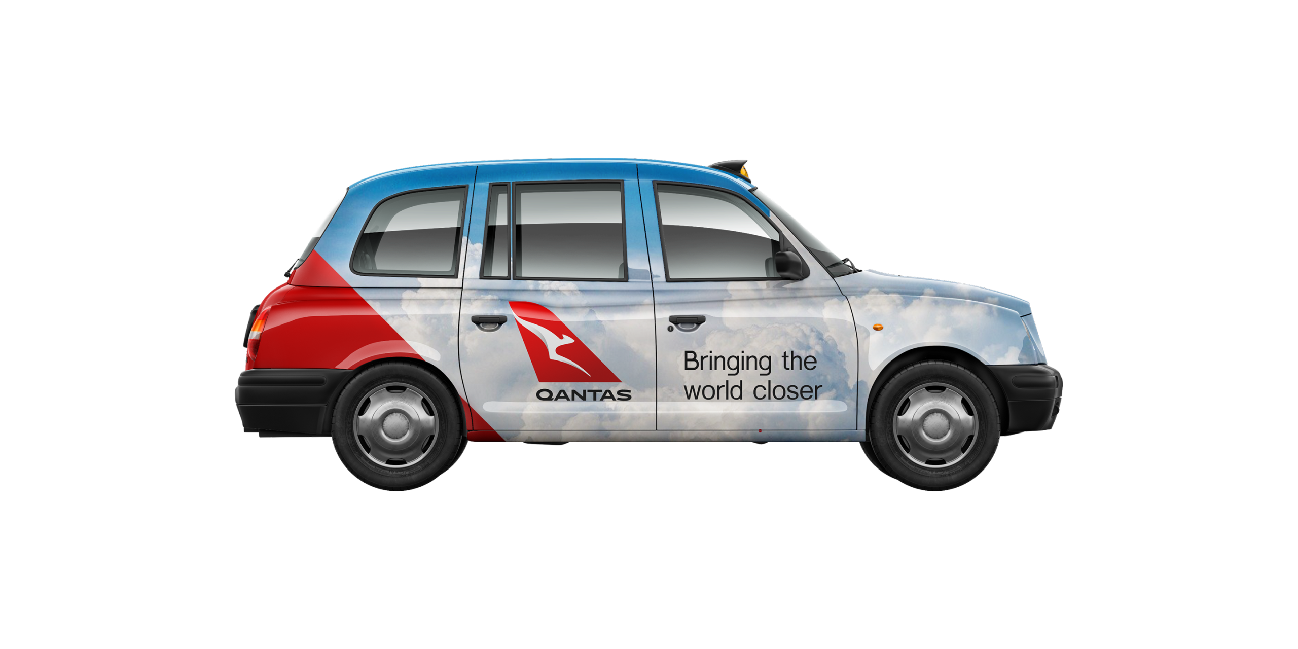 Qantas / taxi advertising shown across a London taxi vehicle