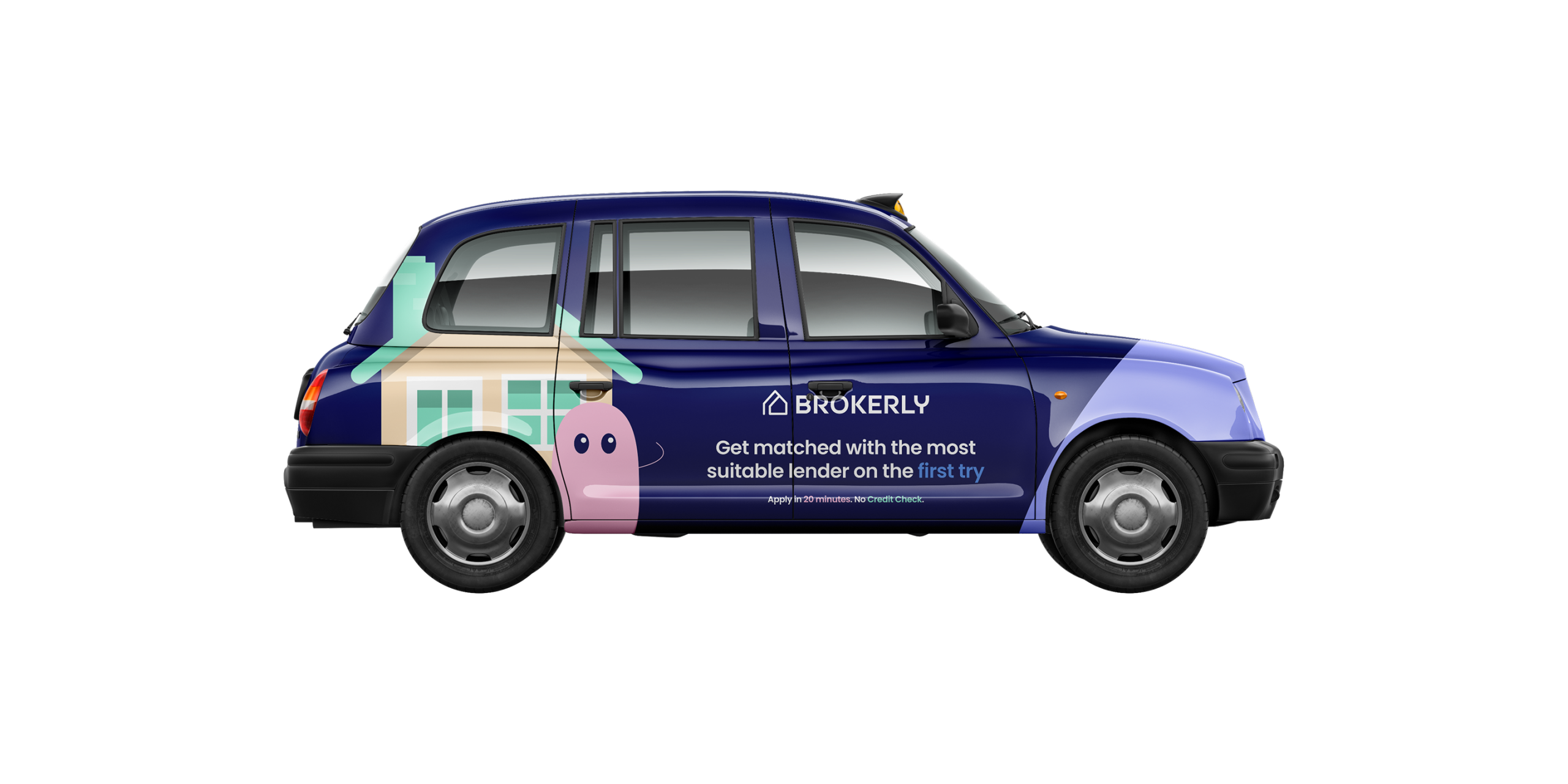 Brokerly / mobile taxi creative shown across a London taxi vehicle
