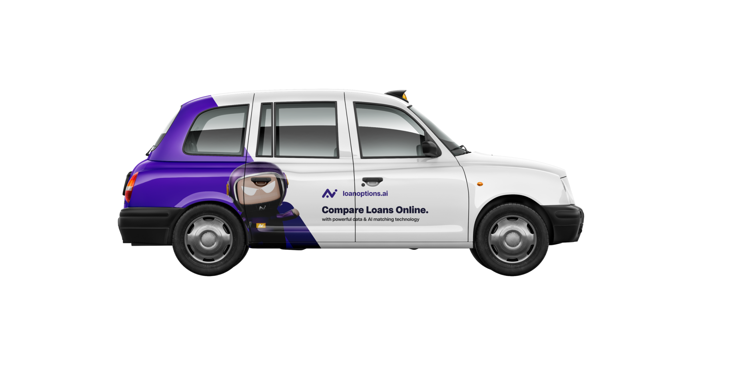 Mobile taxi / branded vehicle creative shown across a London taxi vehicle