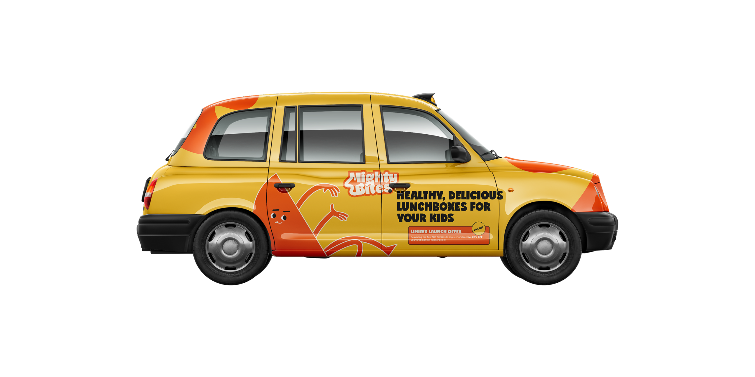 Mighty Bites / Dubai London taxi shown across a London taxi vehicle